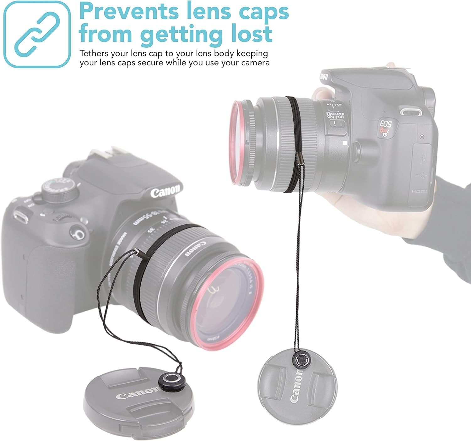 Camera Lens Cap Leash Holder for DSLR SLR – Elastic String Tether, 3 Pack