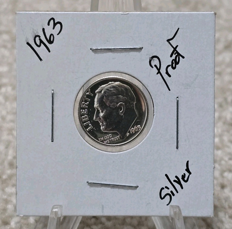 1963 Silver Proof Roosevelt Dime, Collectible Silver 10c in Cardboard Flip NICE