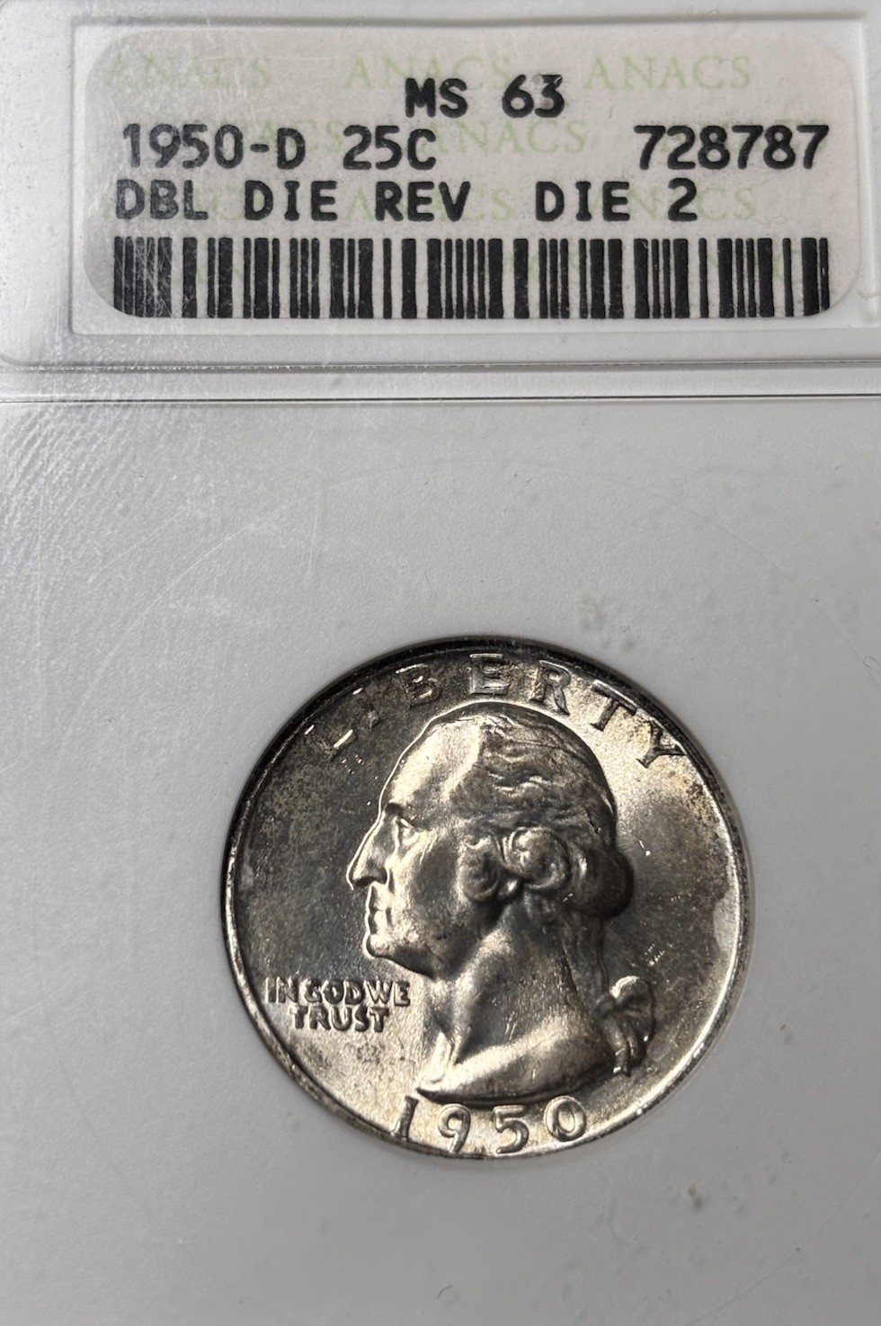 1950 D ANACS MS63 FS-802 DDR Double Doubled Die Reverse Washington Quarter