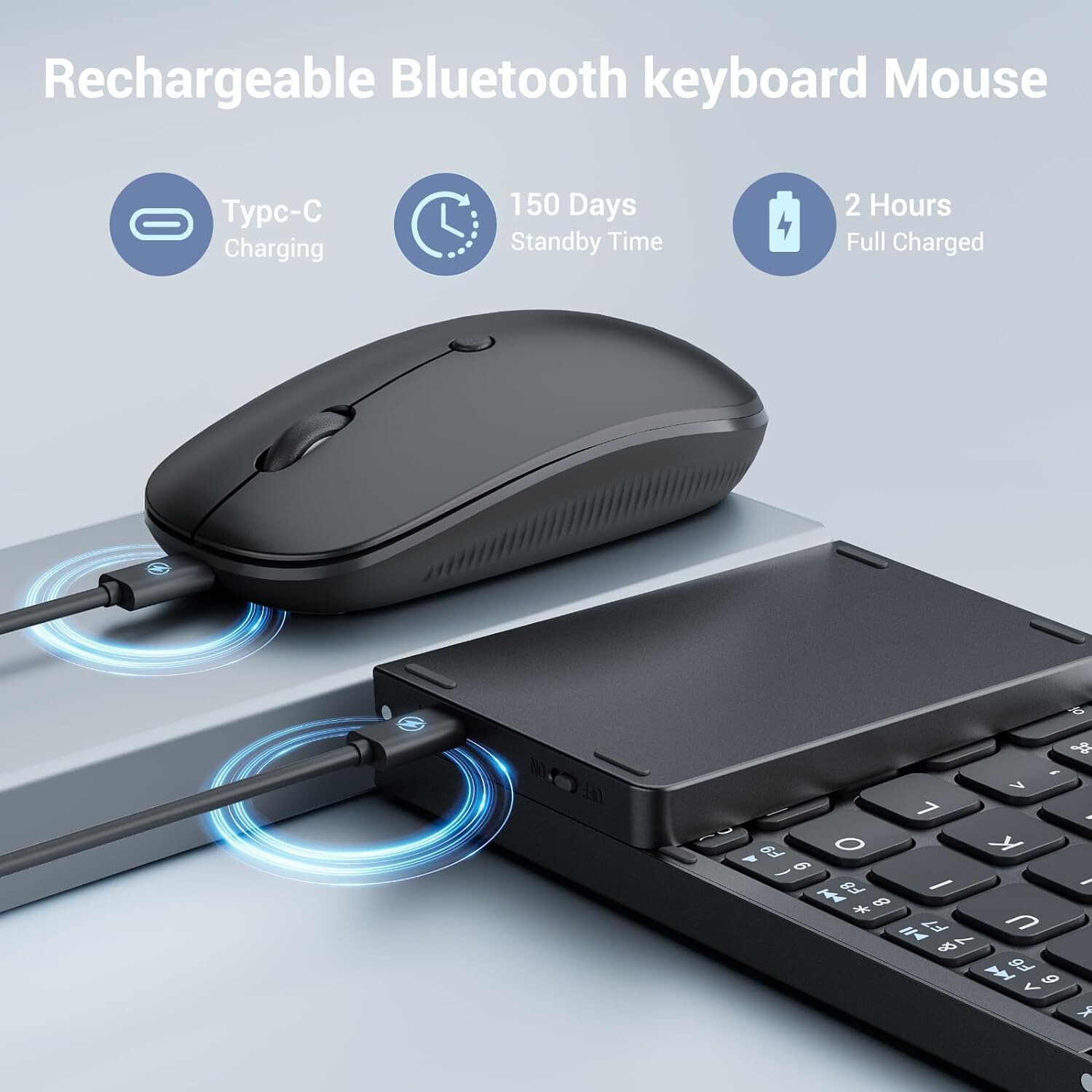 Portable Foldable Rechargeable Travel Bluetooth Keyboard and Mouse Black
