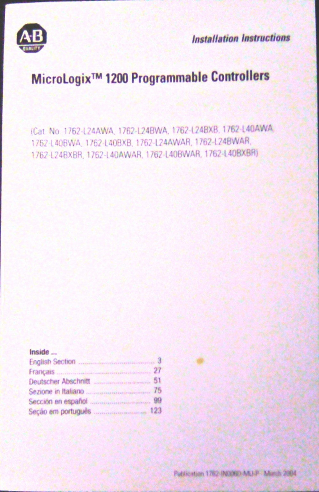 ALLEN BRADLEY INSTALLATION INSTRUCTIONS MICROLOGIX 1200 PROGRAMMABLE CONTROLLER