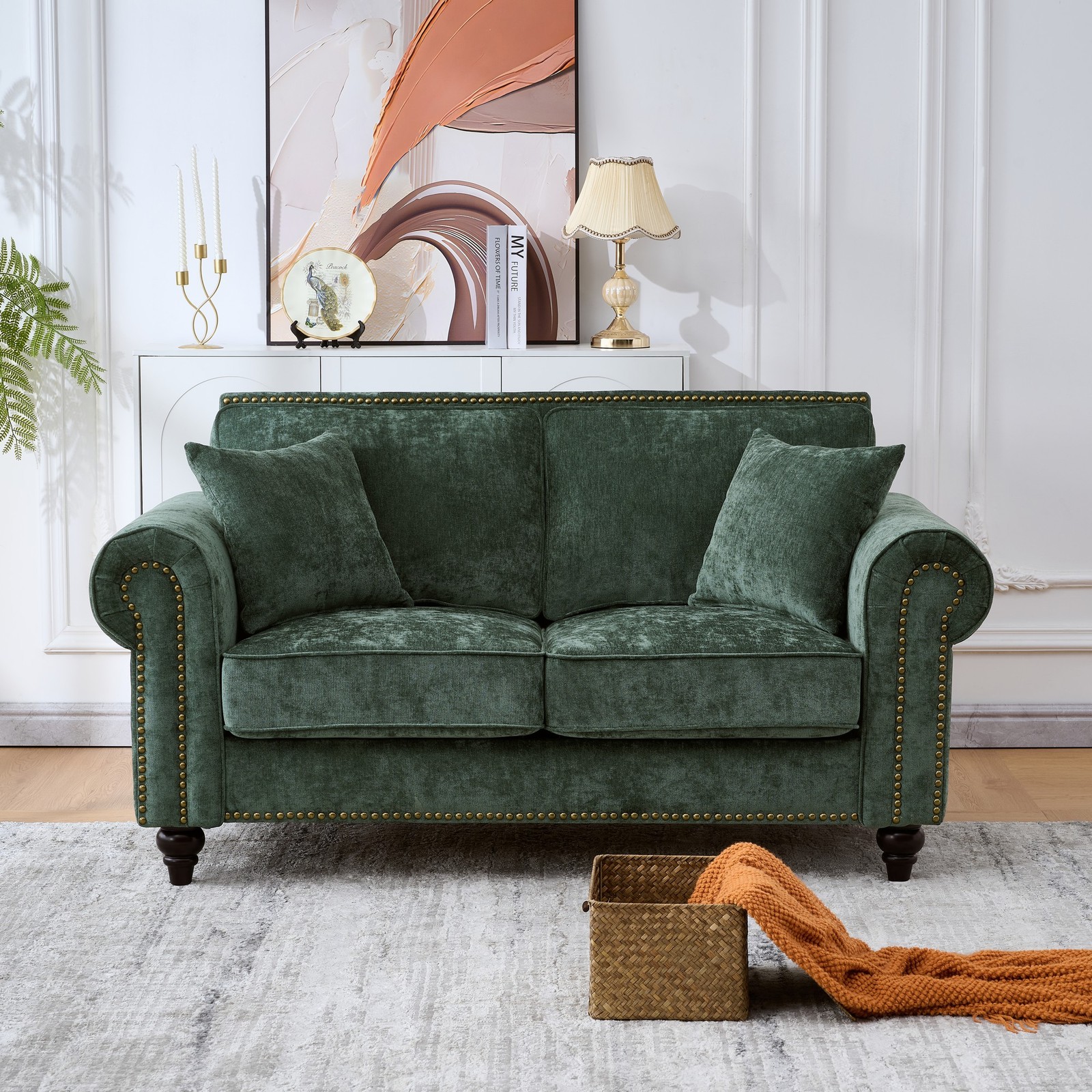 63" Modern 2-Seater Sofa with Rolled Arms,Chenille Upholstered Couch with Wood L