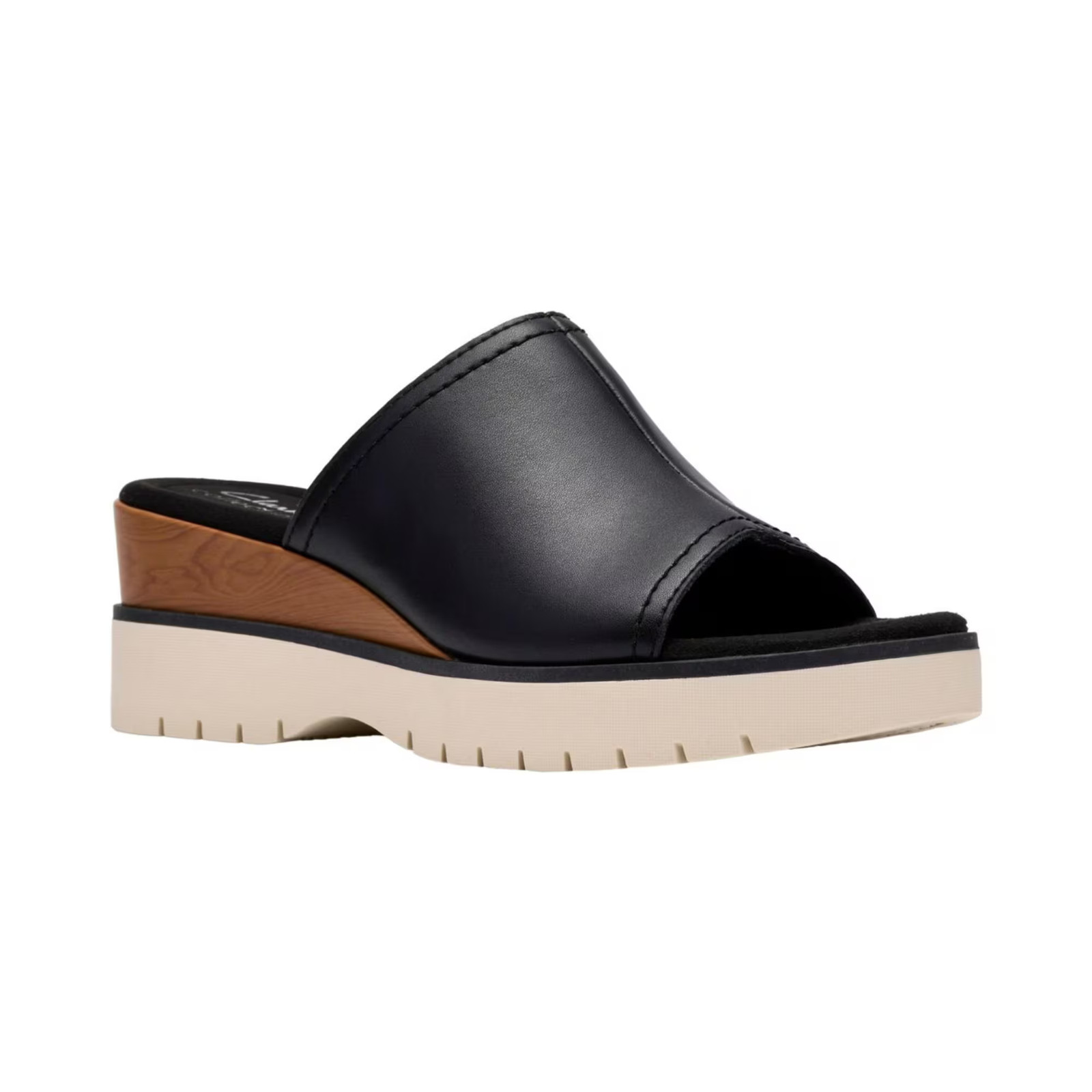 Women's Clarks Diaz Slide Open Toe Wedge Sandals Black Leather
