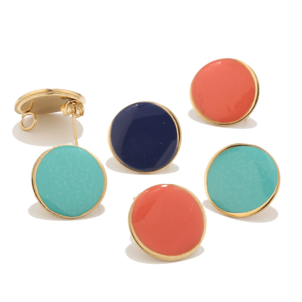 Enamel Stainless Steel Gold Flat Round drawing Earring Post for Earring Finding