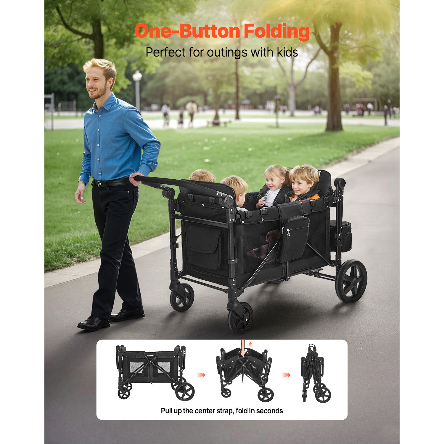 Wagon Stroller 4 seater Push Pull Quad Collapsible Stroller 330LBS with Canopy