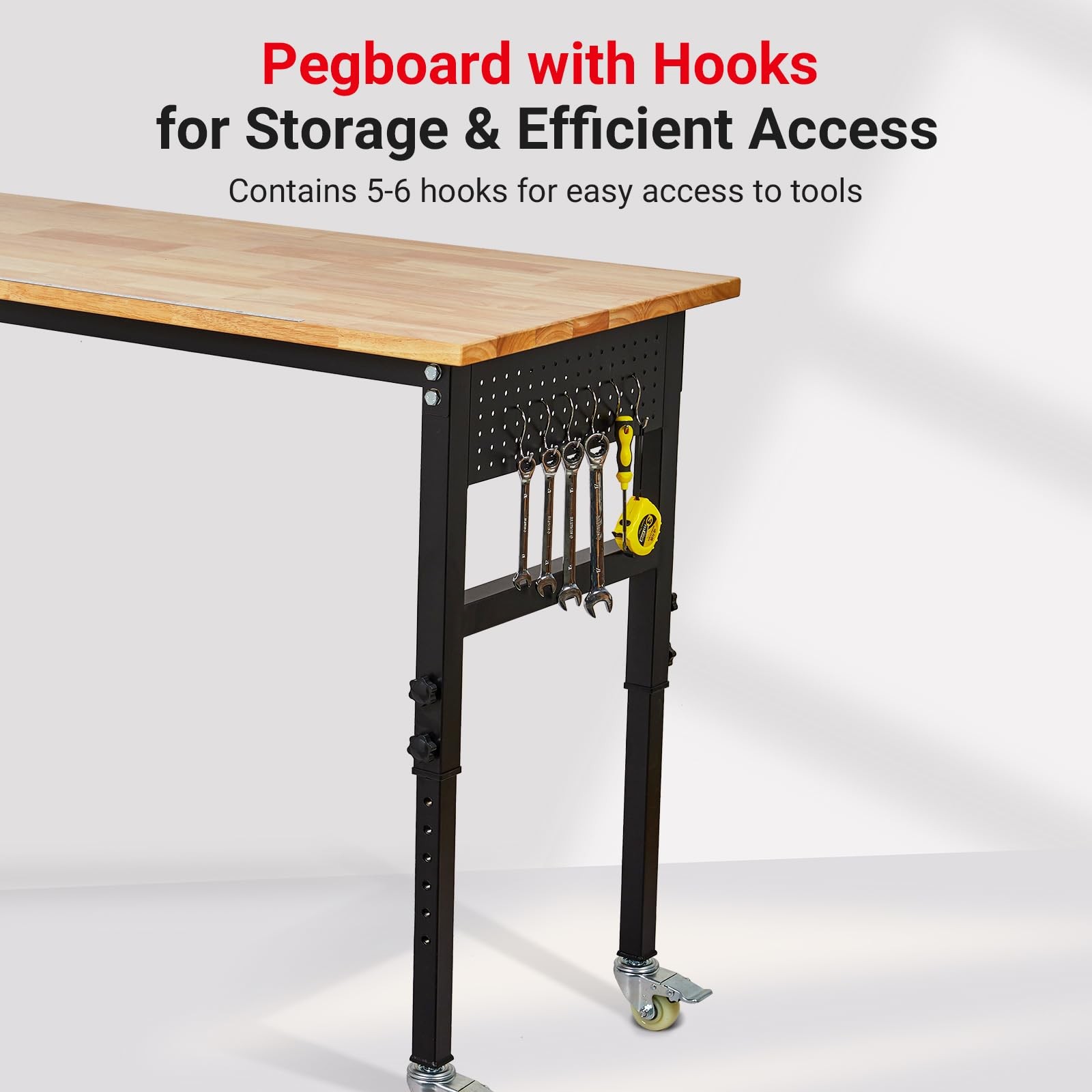 70" Adjustable Height Workbench&Wheels,2000 lb Rubber Wood Top,Power Outlets