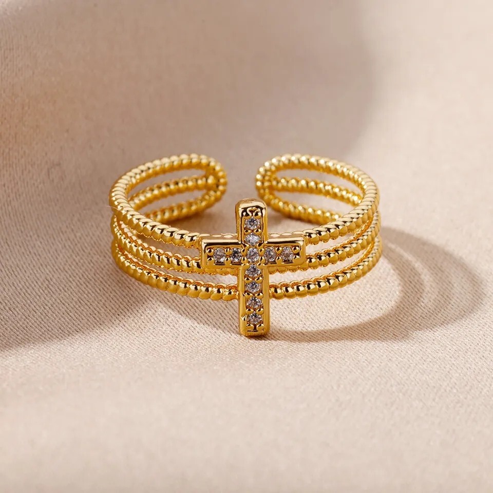 New Classic Adjustable Stainless Steel Cross Rings Unisex Silver Gold Color Open