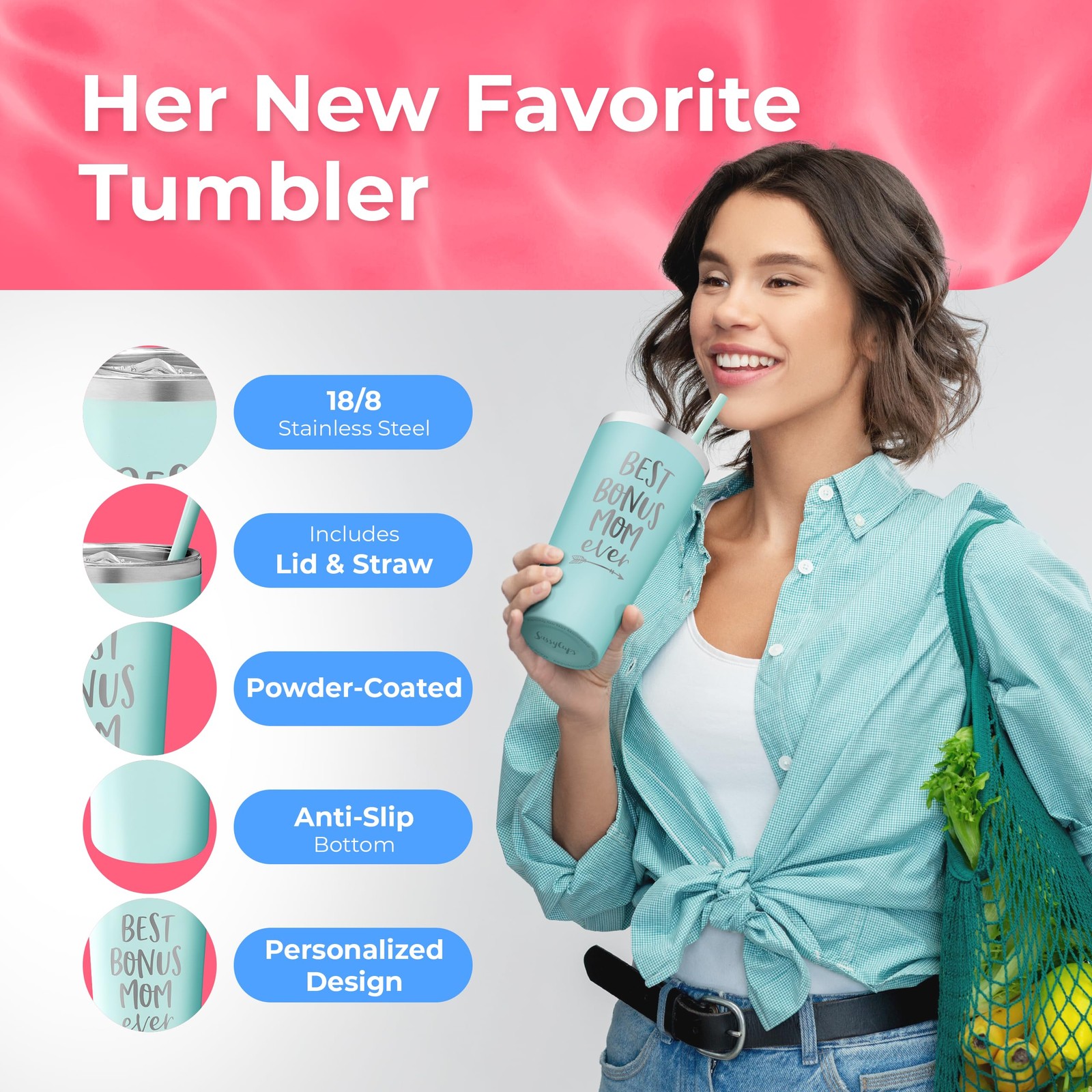 Best Bonus Mom Ever Tumbler 22 Ounce Engraved Mint Stainless Steel Gift Boxed