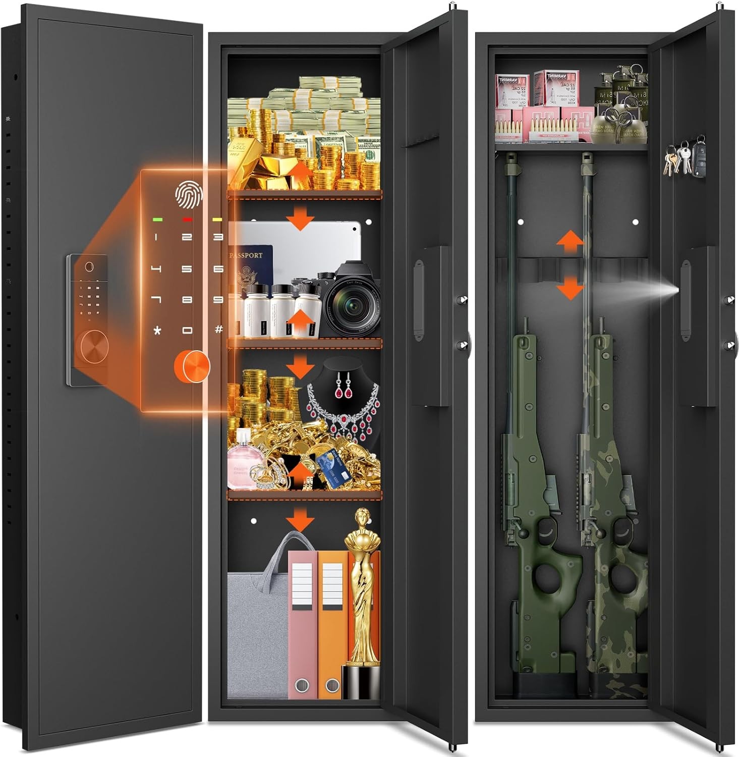 Black 53.15" Wall Safe Between the Studs Biometric Hidden Wall Safe with 3 Shelf