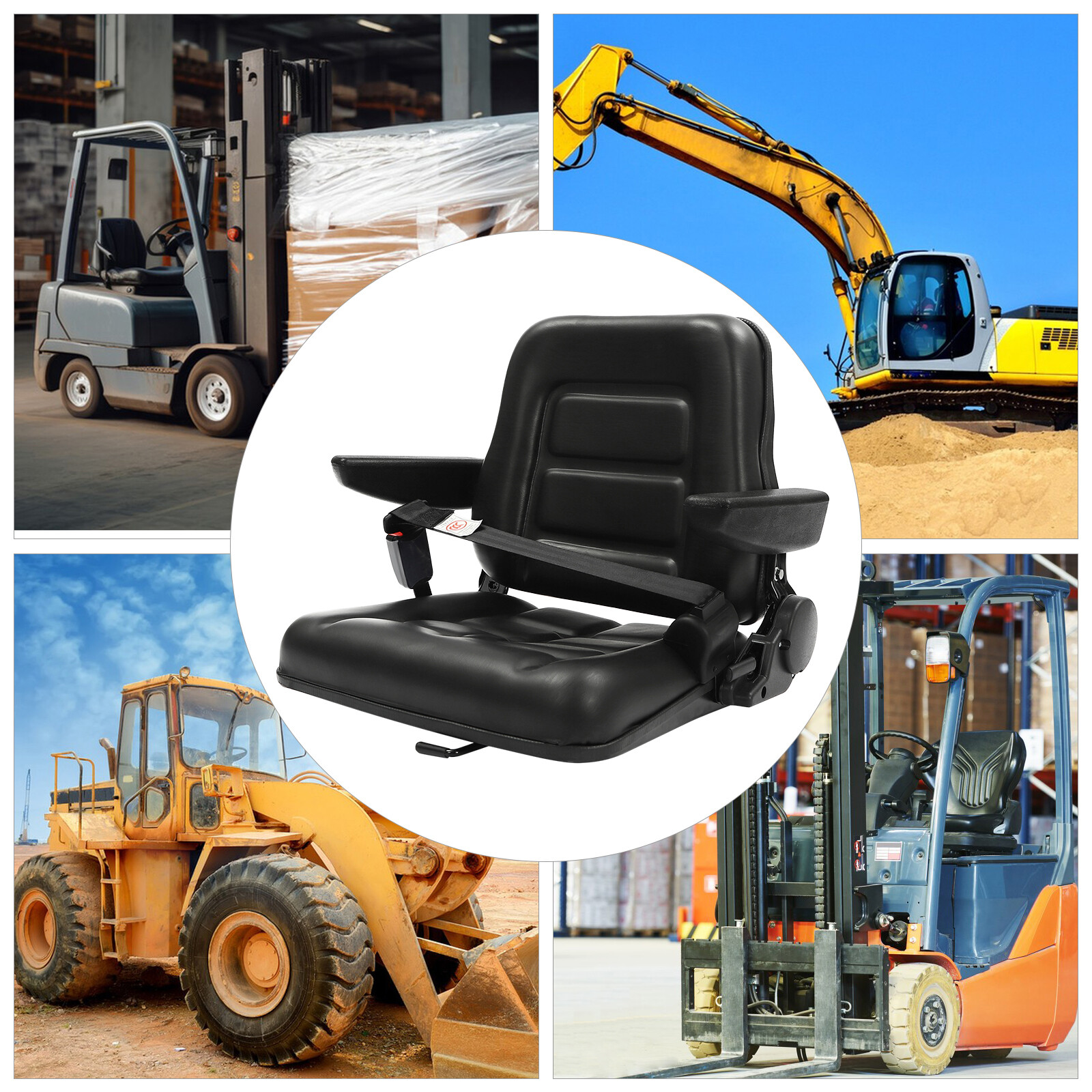 Black Universal Tractor Seat Wrap-around Forklift Seat Adjustable Back Seatbelt