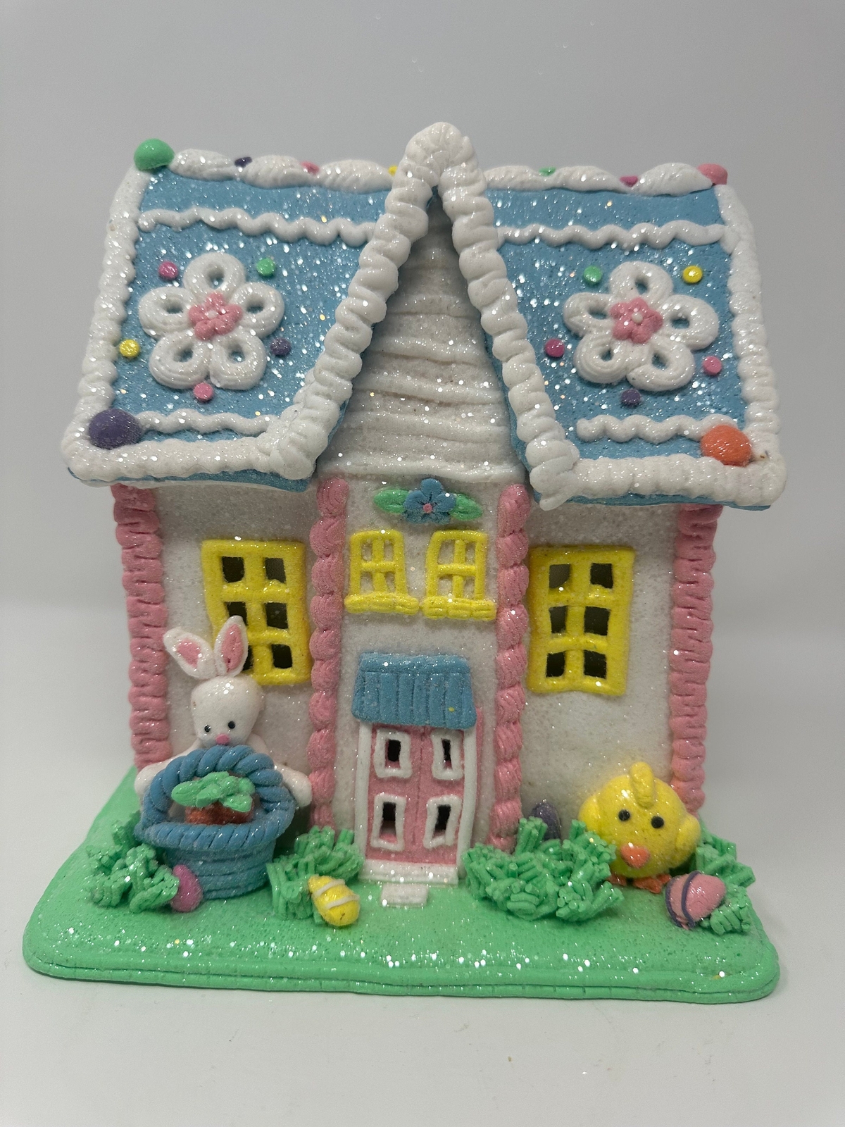 White & Blue LED Easter Gingerbread Village House, Pastel Gingerbread House, NEW
