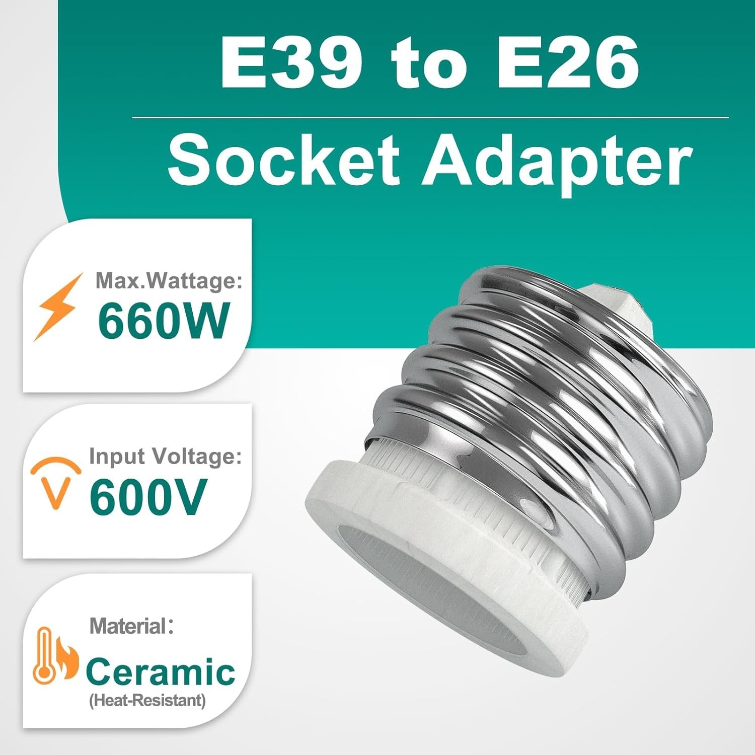 E39 to E26 Socket Converter, Ceramic Mogul E39 to Standard Medium E26 Light B...