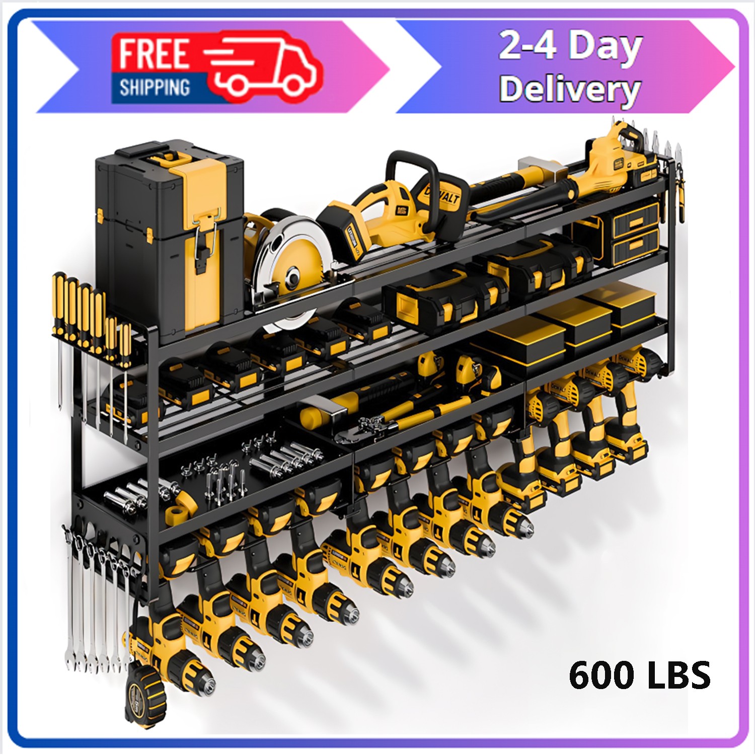 XXXL Power Tool Organizer Extended Heavy Duty 4-Tier 12-Drill Rack Wall Mount