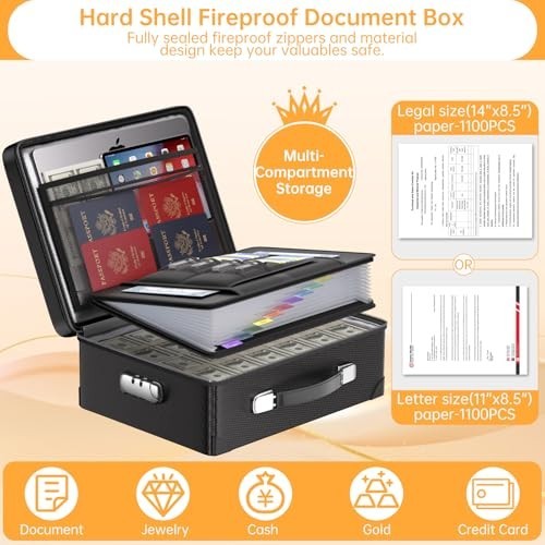 DocSafe Fireproof Document Box 6400°F Water Resistant Lock 13 Pocket Black