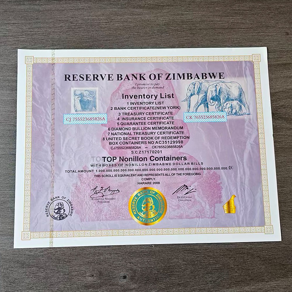 100pcs Zimbabwe Banknotes Certificates Top Nonillon Containers with Wooden Box