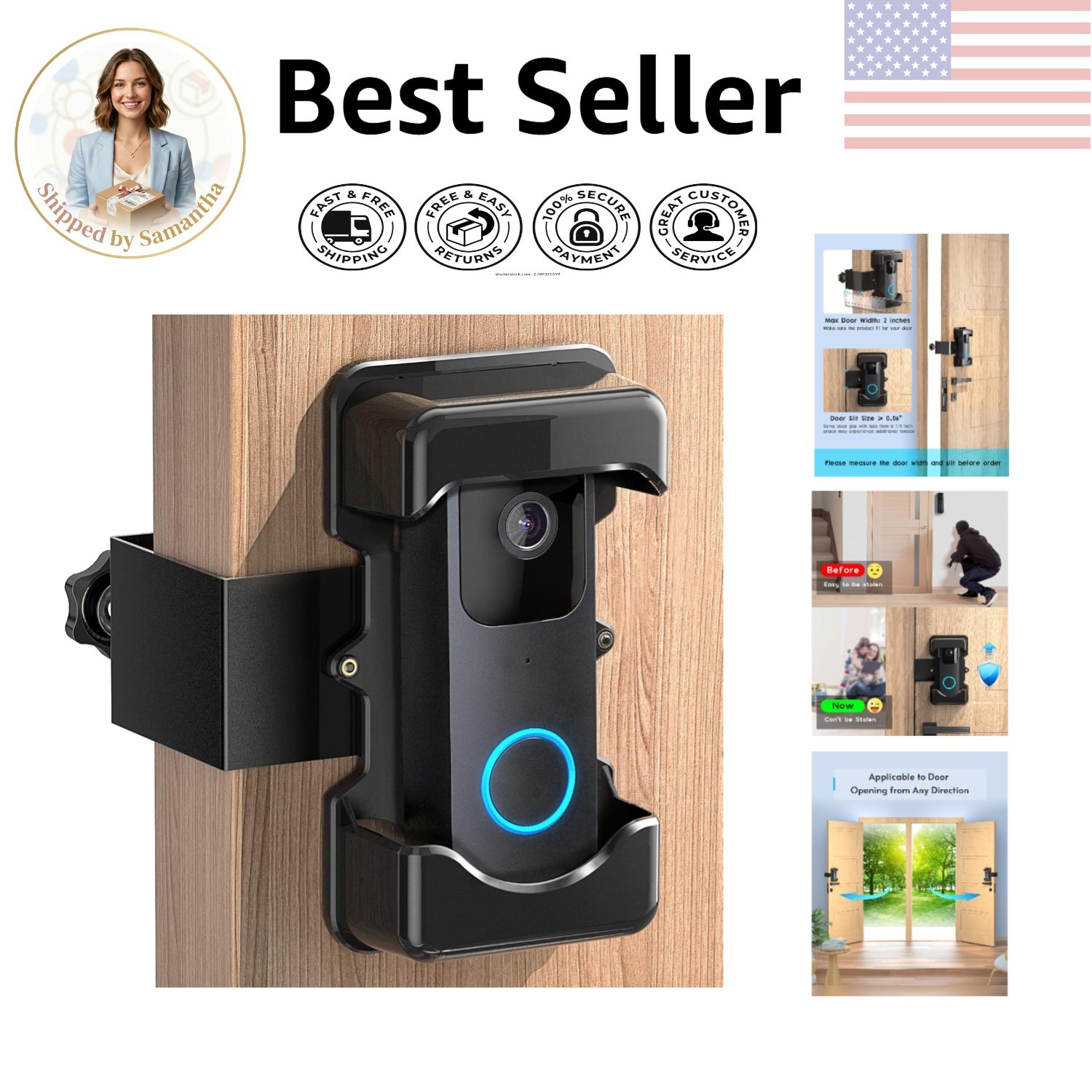 Anti-Theft Video Doorbell Mount, Adjustable Height 3.7''-5.1'', No-Drill Design
