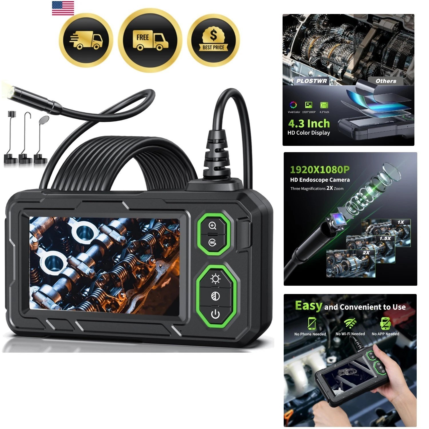 Endoscope Camera with Light, 4.3" Inspection Camera, 1920P HD Borescope with ...