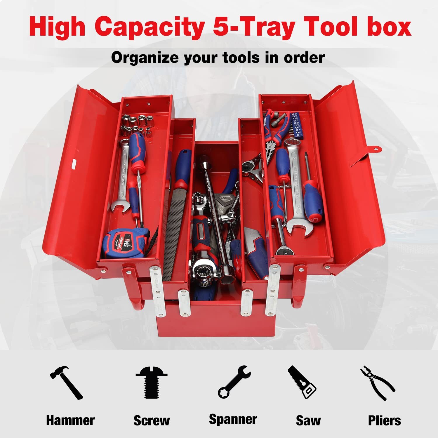 WORKPRO Metal Tool Box 18'' Cantilever Folding Red Storage Box 3-Layer 5-Tray
