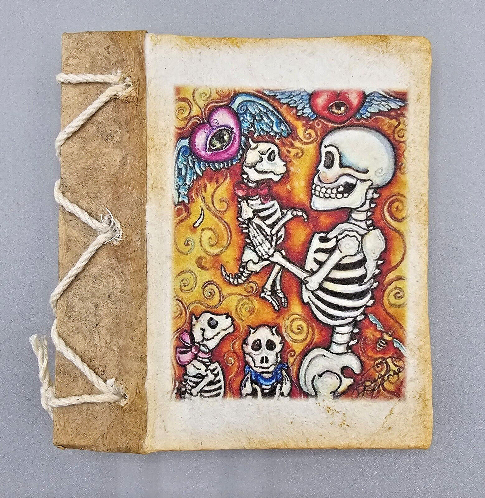 Handmade Bark Paper Journal Notebook Diary Twine Skelton Day of Dead Mexico 4"