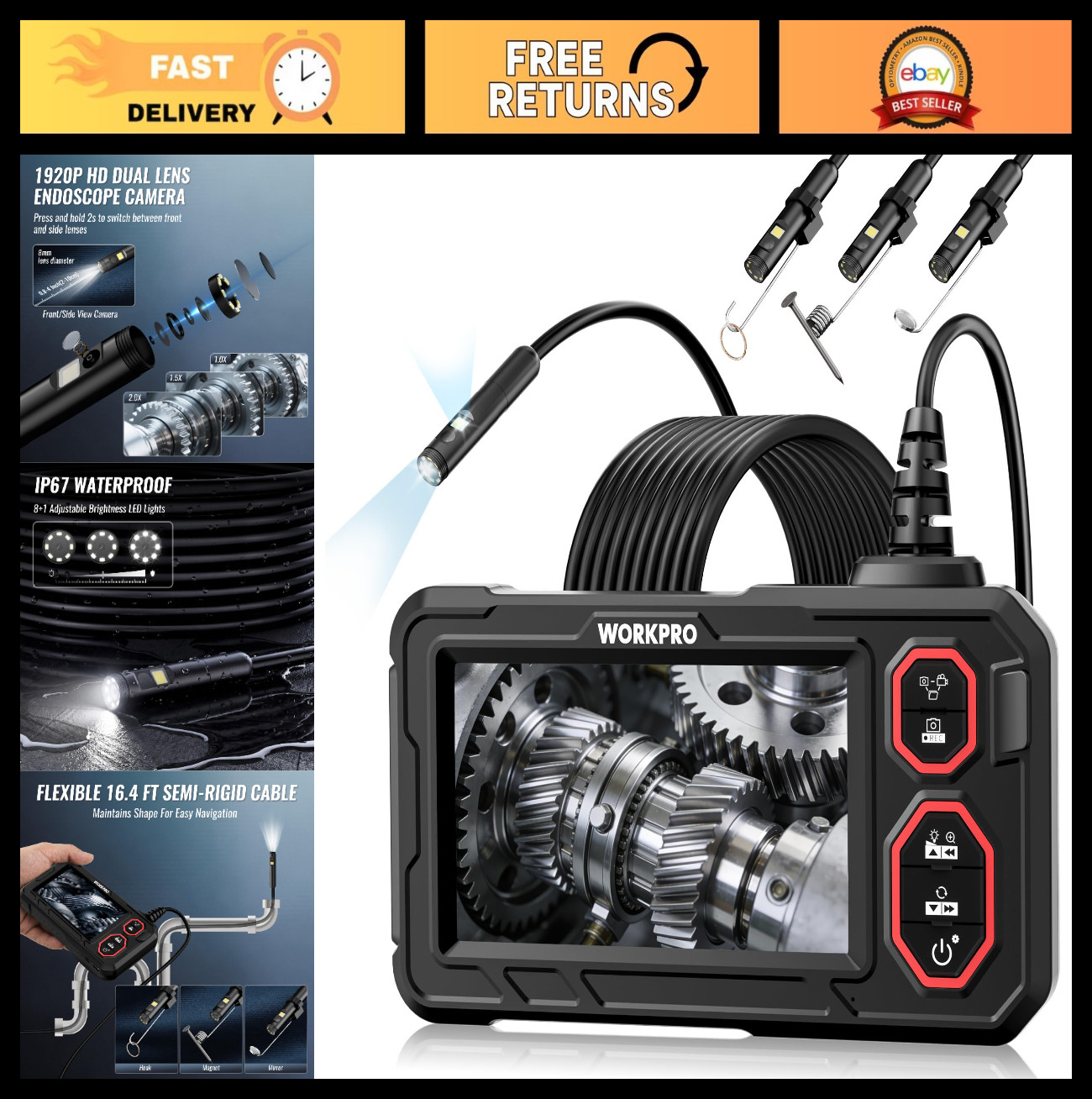 Rechargeable 4.3" Industrial Endoscope Camera, IP67 Waterproof, 1920P HD, Dual L