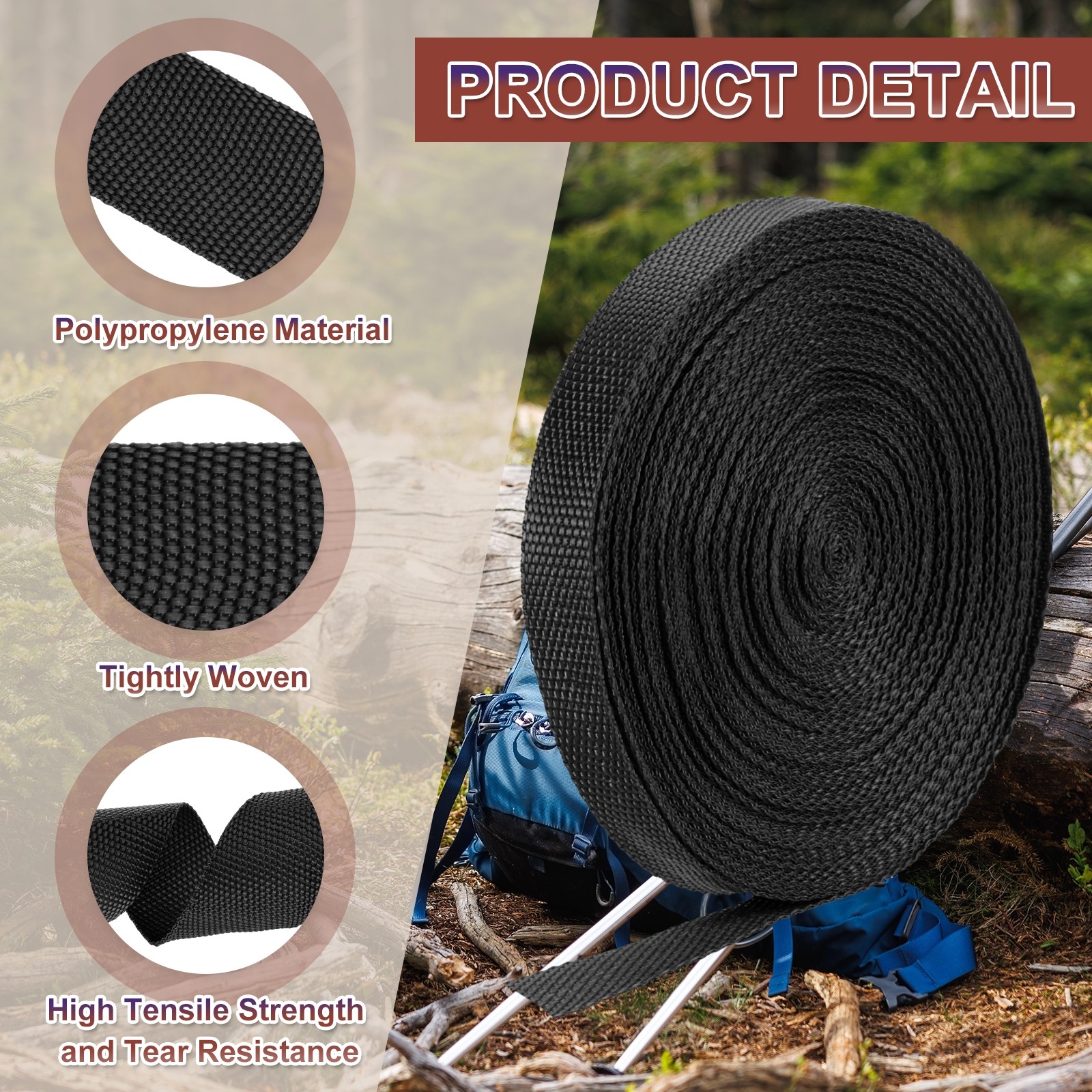 Nylon Webbing Strap 22 Yards x 5/8" Polypropylene Flat Webbing Strap Black
