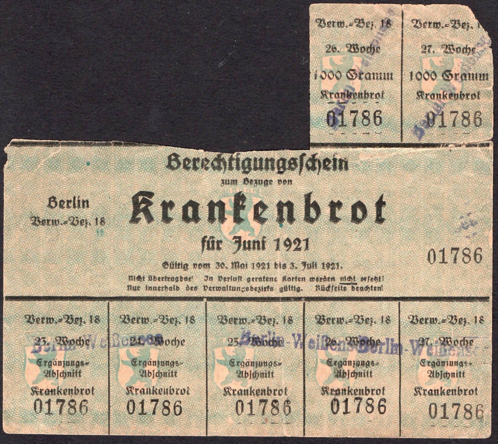 Bread Rations coupon for sick (Krankenbrot) -WWI- 1921 Germany / Berlin -"B59"