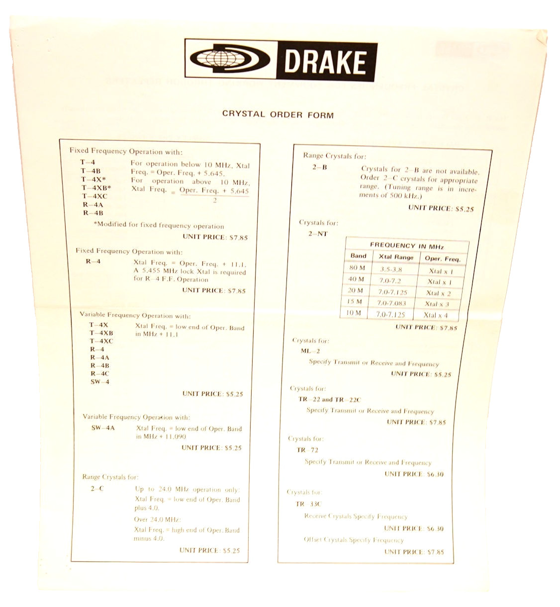 RARE - DRAKE ORIGINAL 4 PAGE DRAKE CRYSTAL ORDER FORM for R-4 + T-4 RIGS