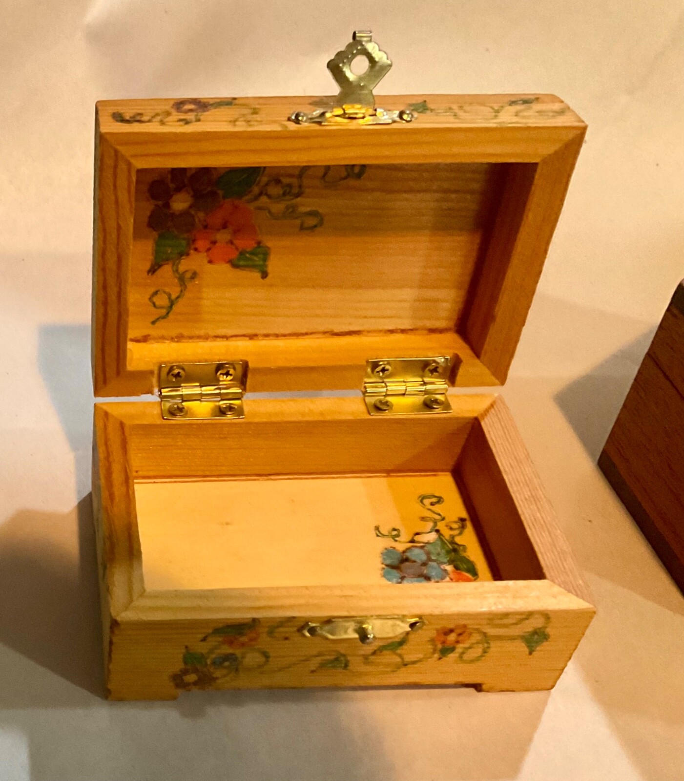 2 small, wood, hinged trinket boxes , 1 hand painted
