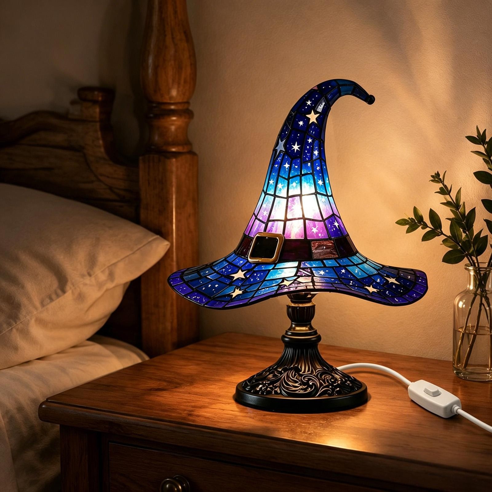 Stained Resin Witch Hat Lamp,USB Powered Gothic Wizard Hats Night Light