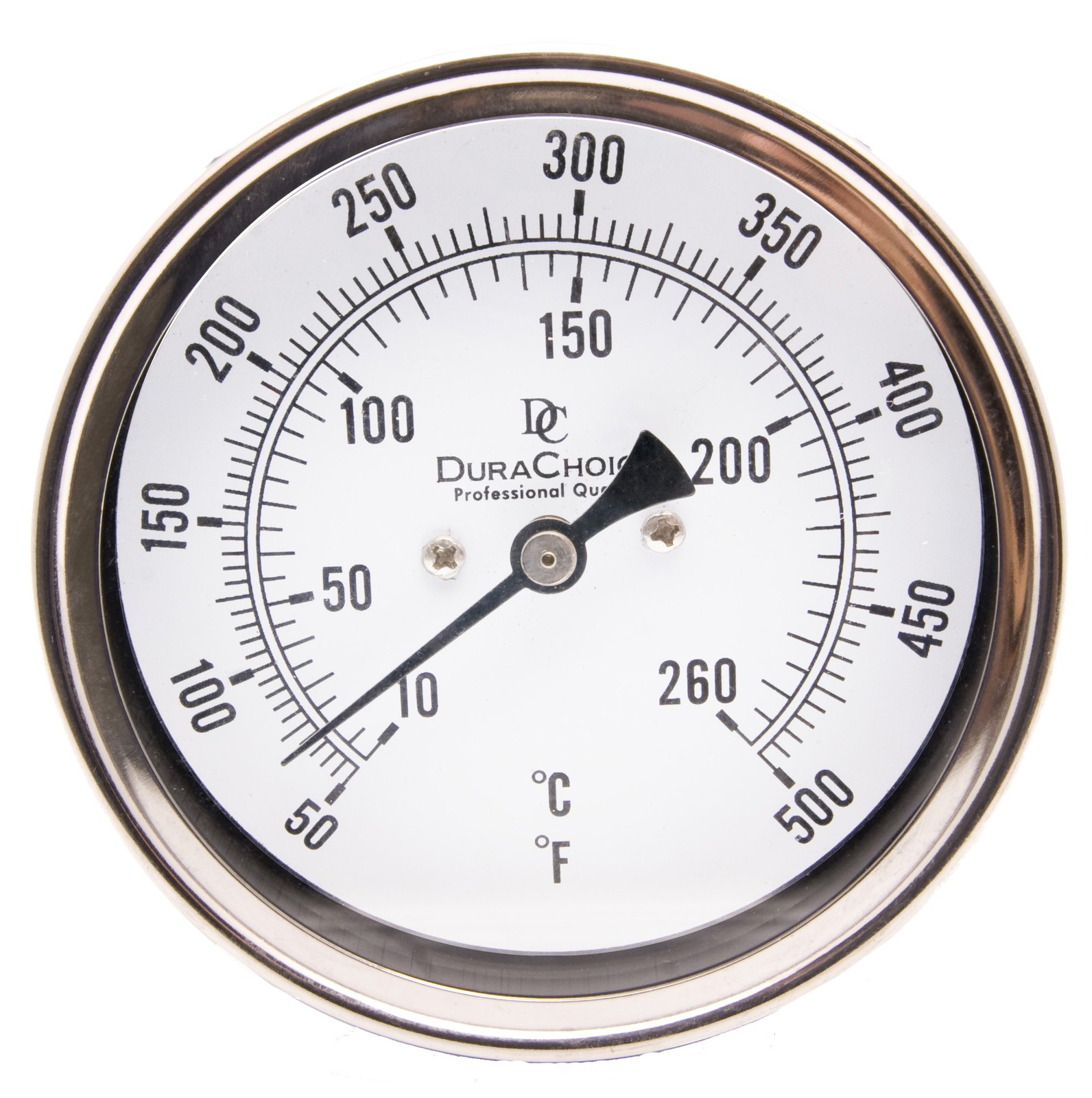Industrial Bimetal Thermometer 5" Face x 9" Stem, 50-500 w/Calibration Dial