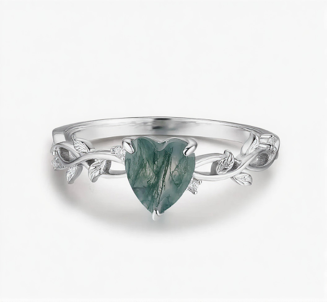 Moss Agate  Engagement Rings For Women Heart Wedding Ring Unique Proposal Ring