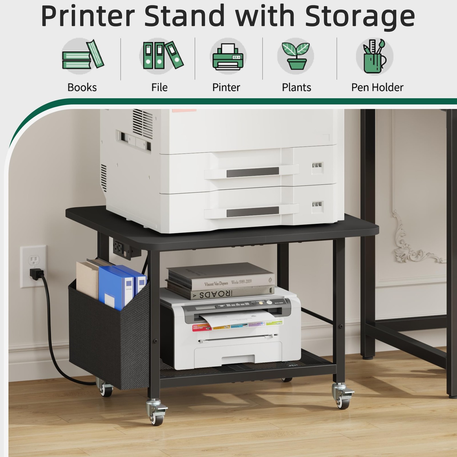 23.6" Large Printer Stand with Power Outlet,3D Printer Table,Black