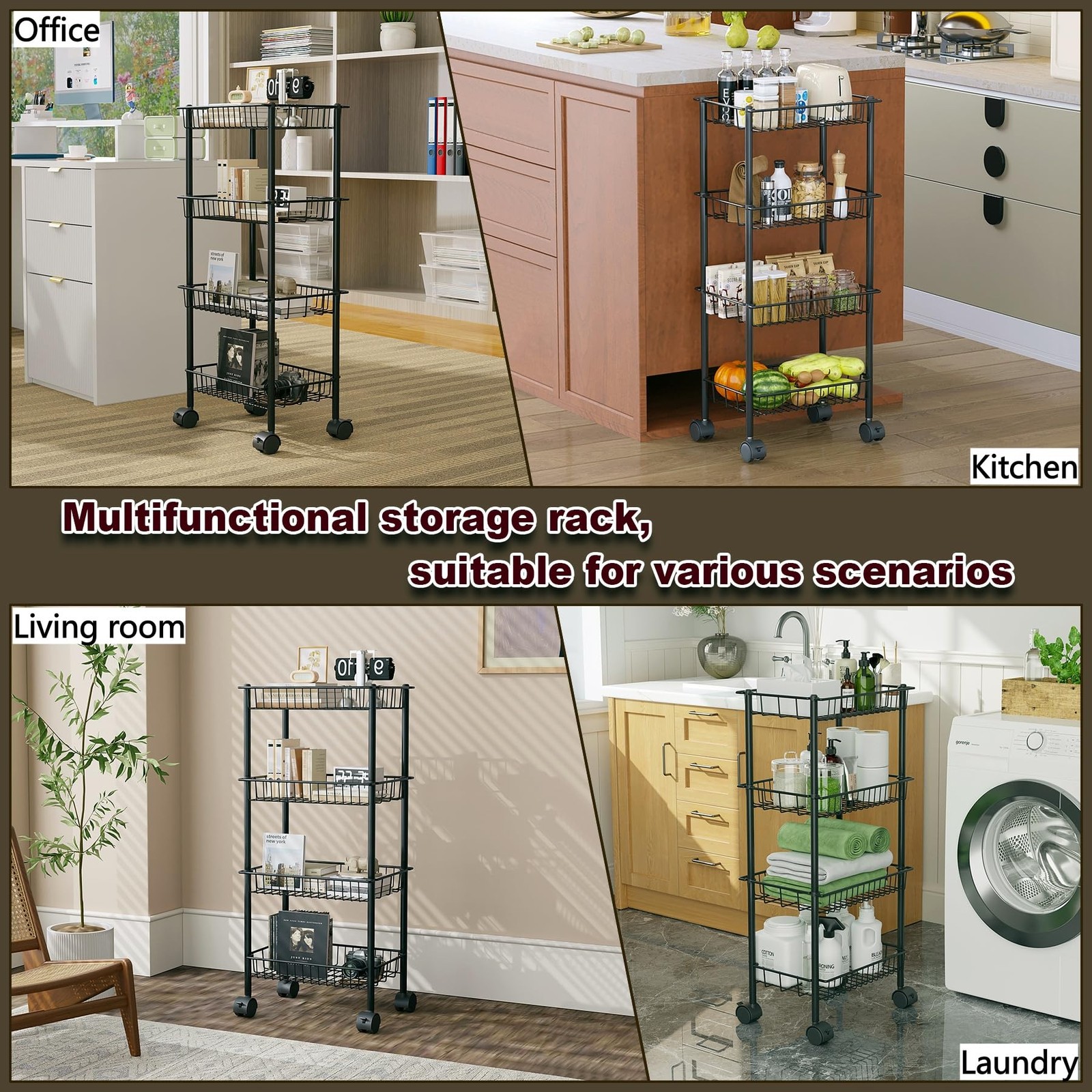 4Tier Metal Rolling Utility Cart Removable Baskets Storage Wheels Black