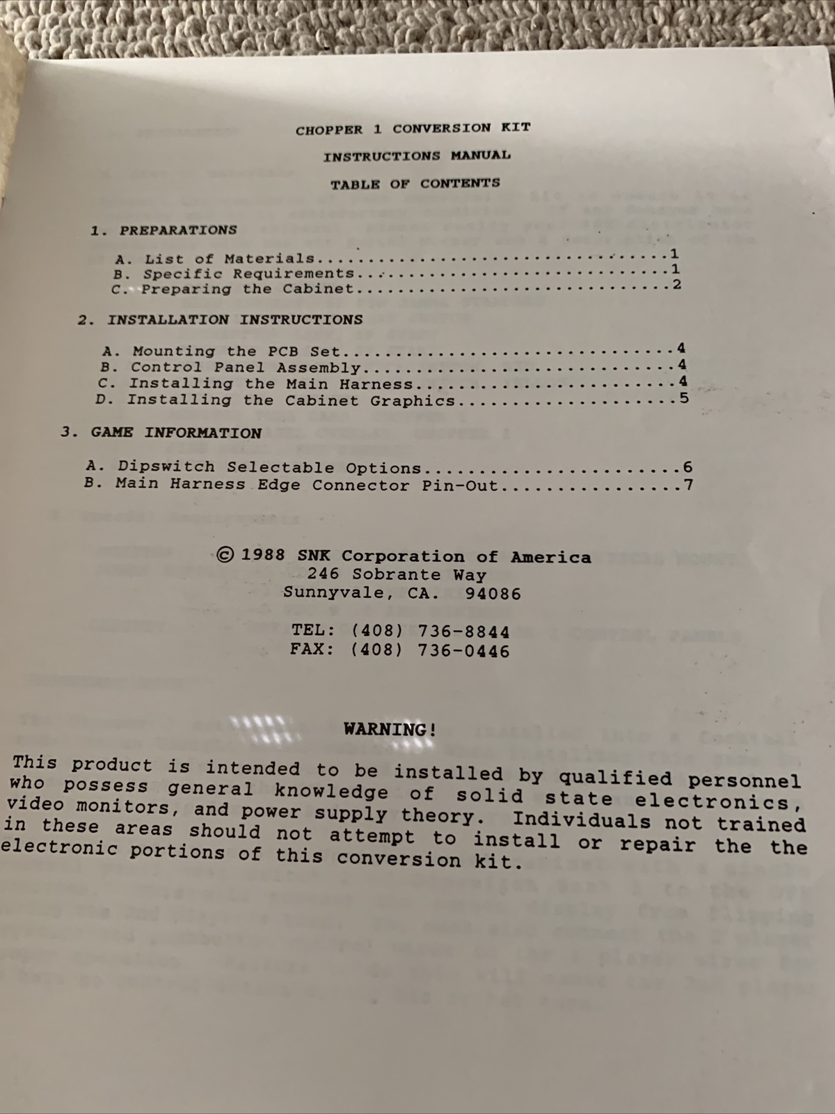 Original Chopper 1 Snk Arcade Video game Manual