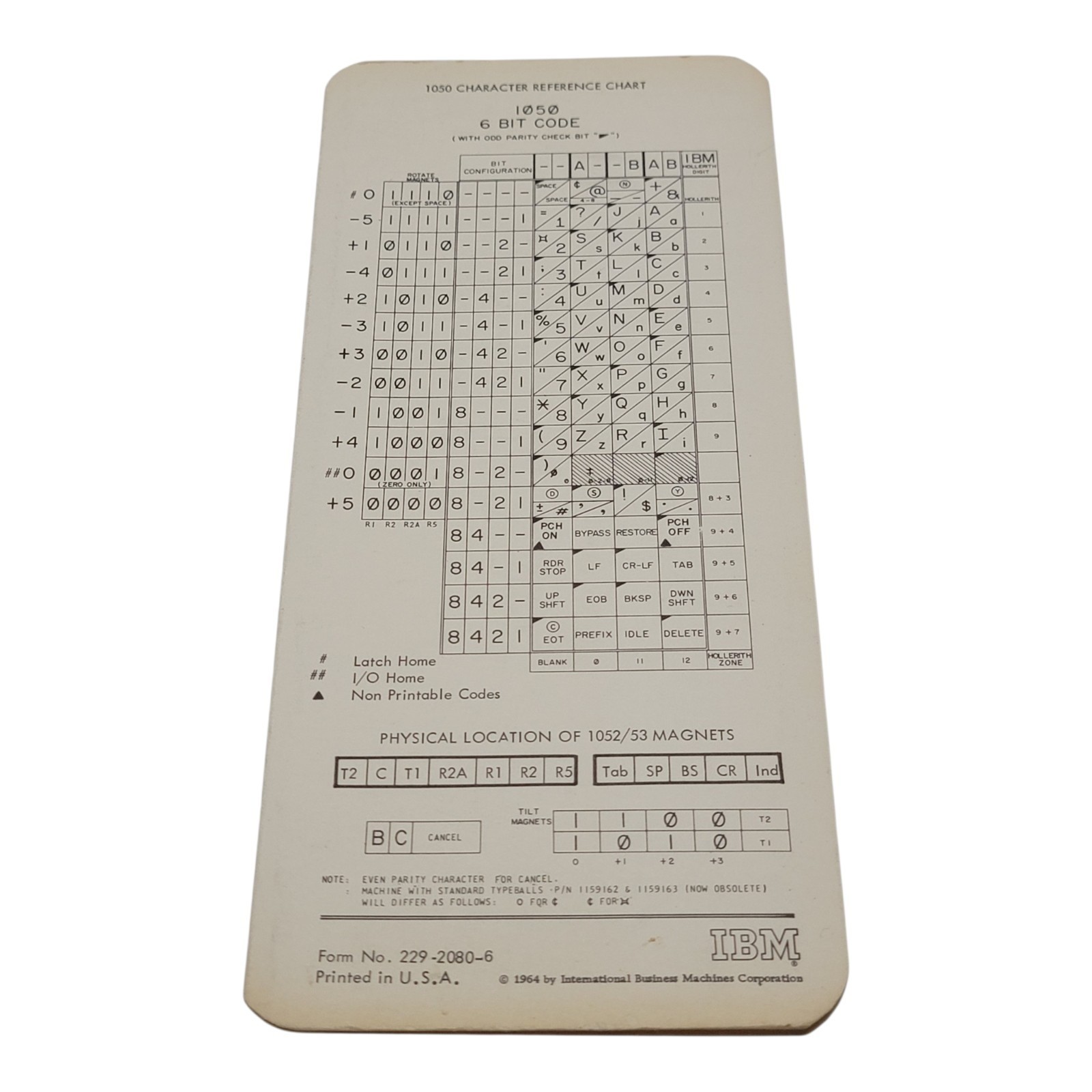 IBM 1050 Character Reference Chart Original 1964