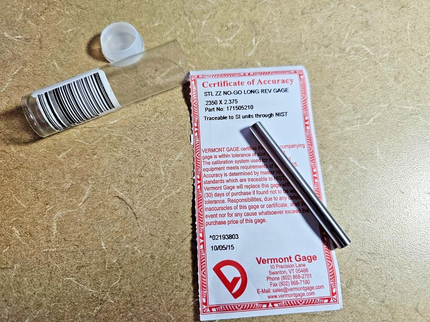 *New VERMONT ZZ class  NO-GO  Pin Gage: .235″ Dia, 2.375″ Long*