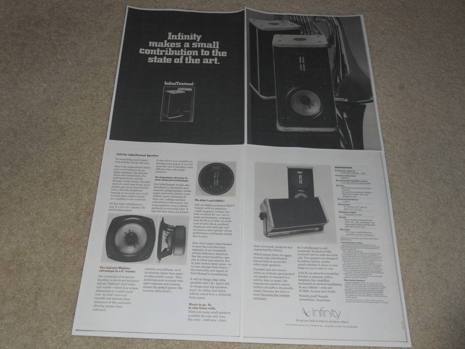 Infinity InfiniTesimal Speaker Brochure, 4 pages, Specs, Article,Best Small Spkr