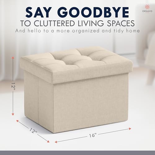 Small Storage Ottoman, Set of Foldable Collapsible Rectangle Linen 2 Beige