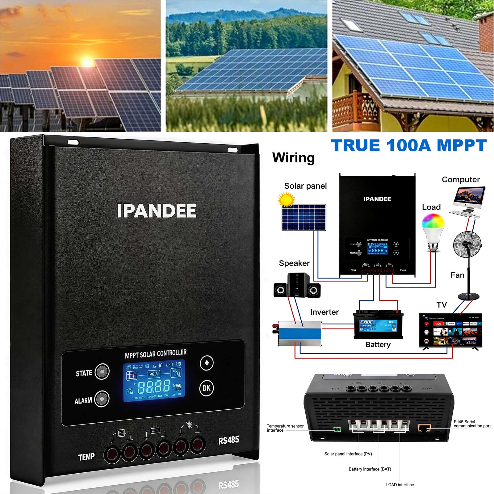 250VDC Input 100A MPPT Solar Charge Controller 99.9% Efficiency 12V/24V/36V48V