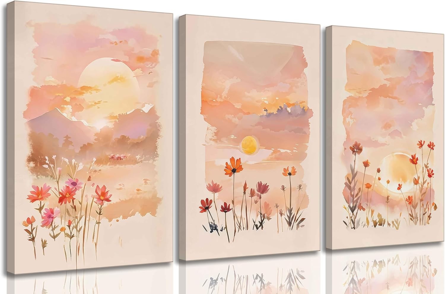 3 Pieces Sunrise Canvas Wall Art Blush Pink Wildflowers 16x24in,