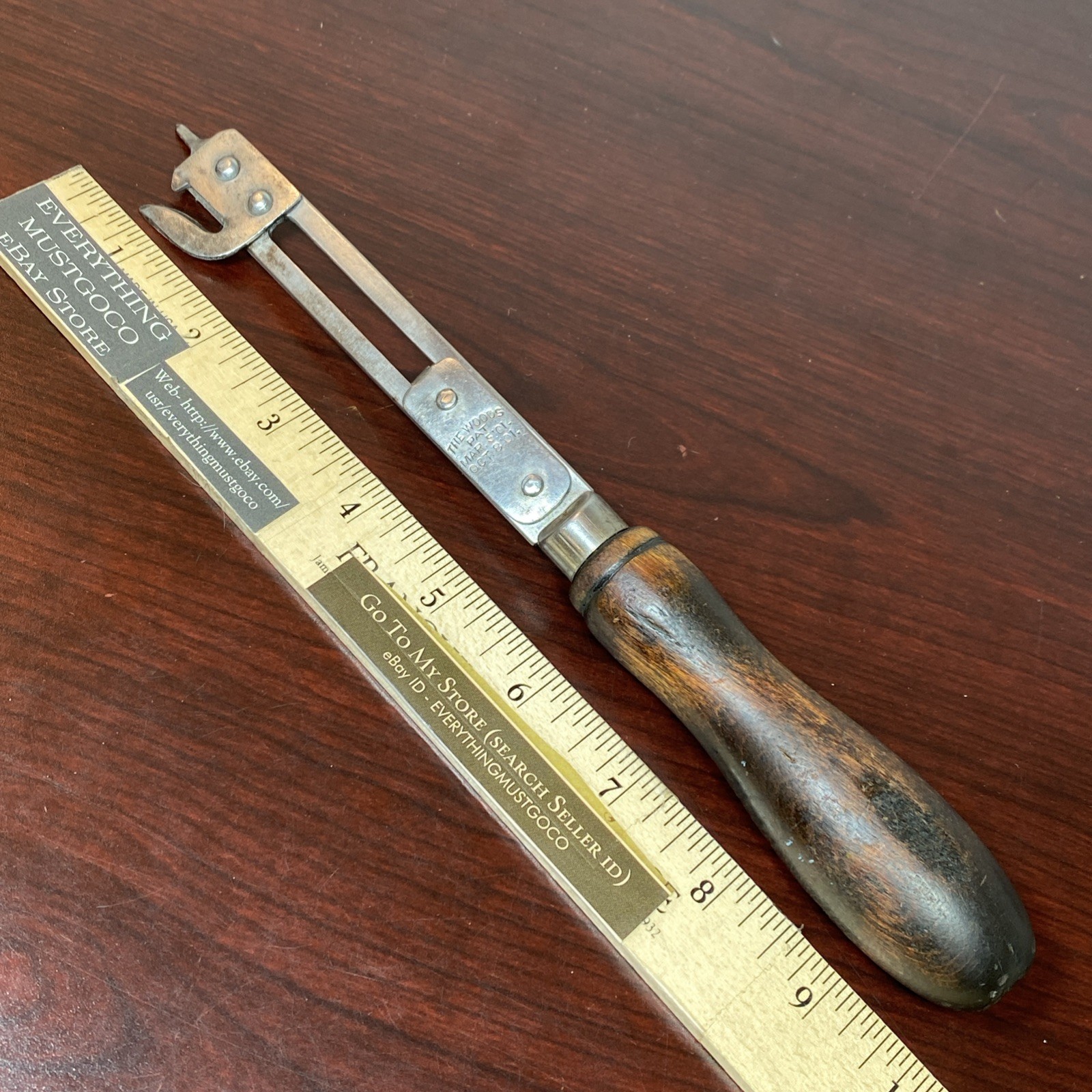 RARE Early 1901 Patents THE WOODS Tin Can Opener 10” Long Antique Wooden Handle