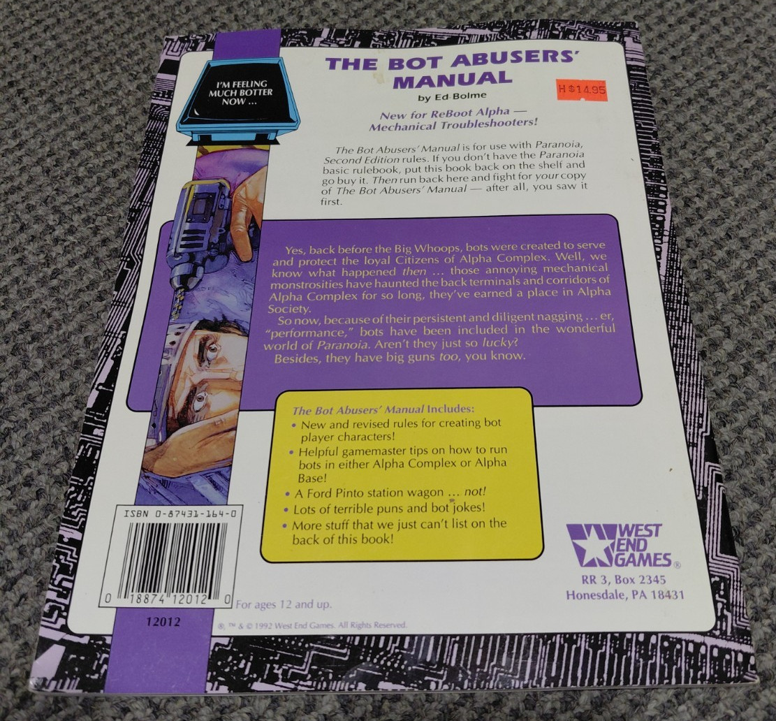 Paranoia RPG Accessory - The Bot Abusers Manual - West End Games 12012