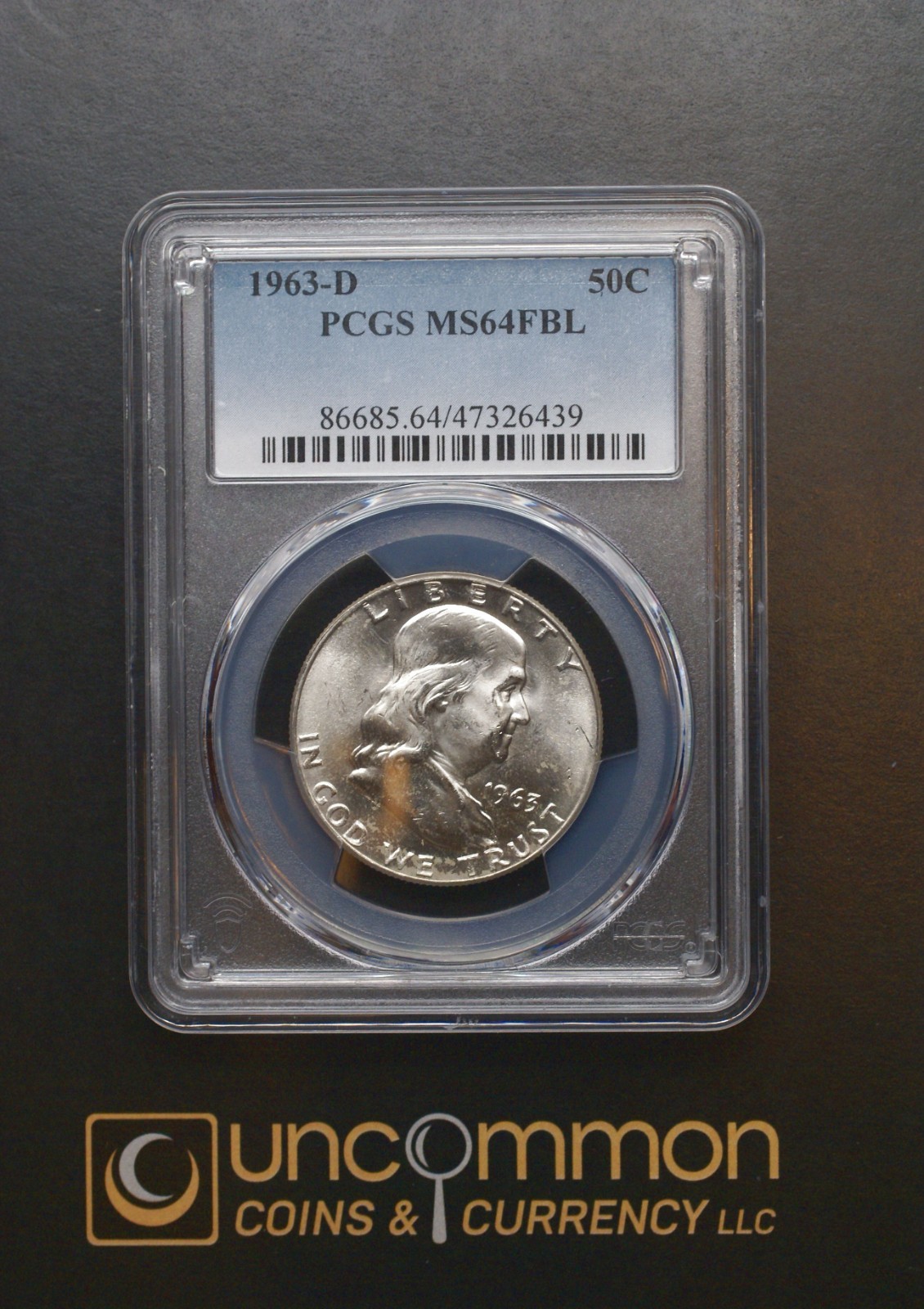 1963D Full Bell Lines Franklin Half Dollar graded by PCGS as MS 64 FBL