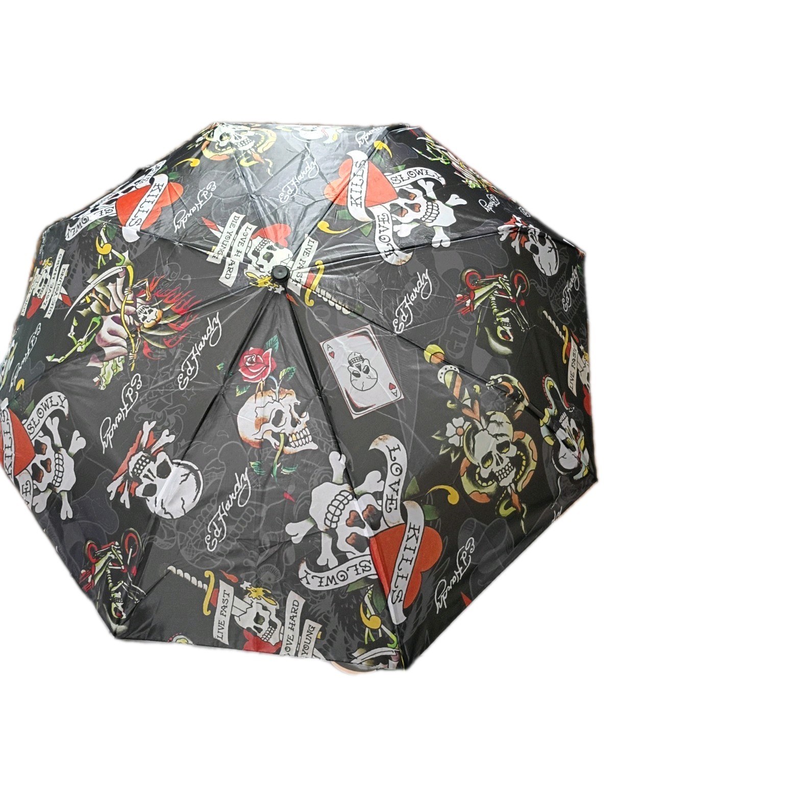 Ed Hardy Compact Umbrella Love Kills Auto Open Close Rubber Handle