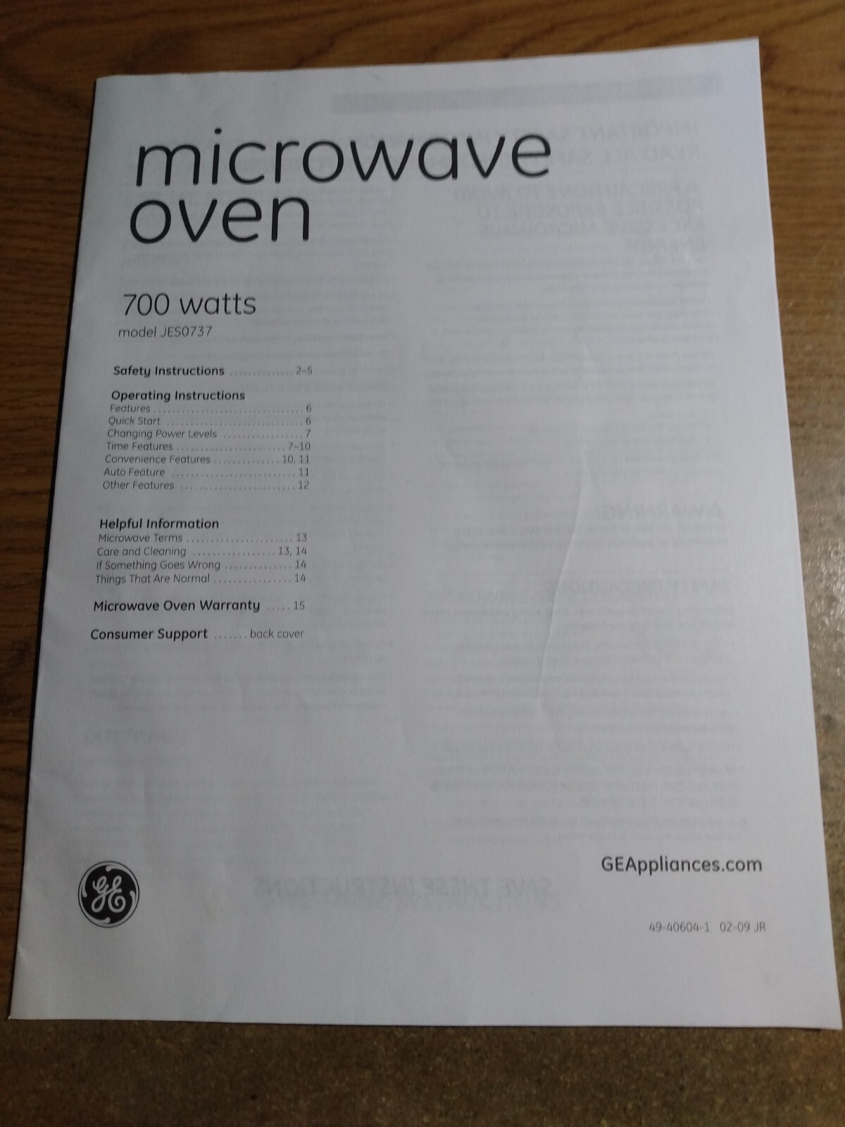 GE MICROWAVE OVEN JES0737 OWNERS OPERATING MANUAL 700 watts