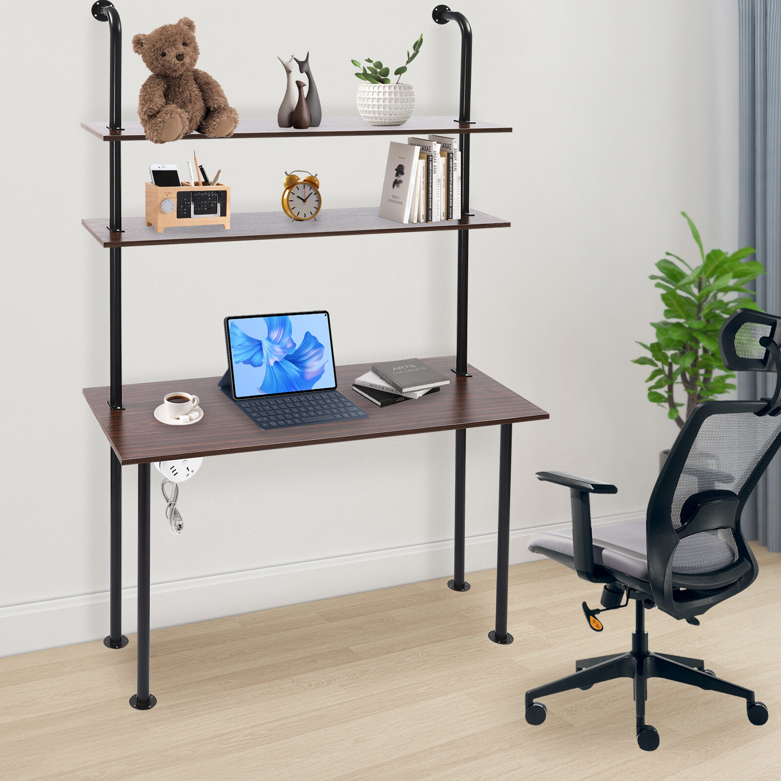 Wall Mounted Table Standing Desk Computer Laptop Desk W/Power Strip Modern Black