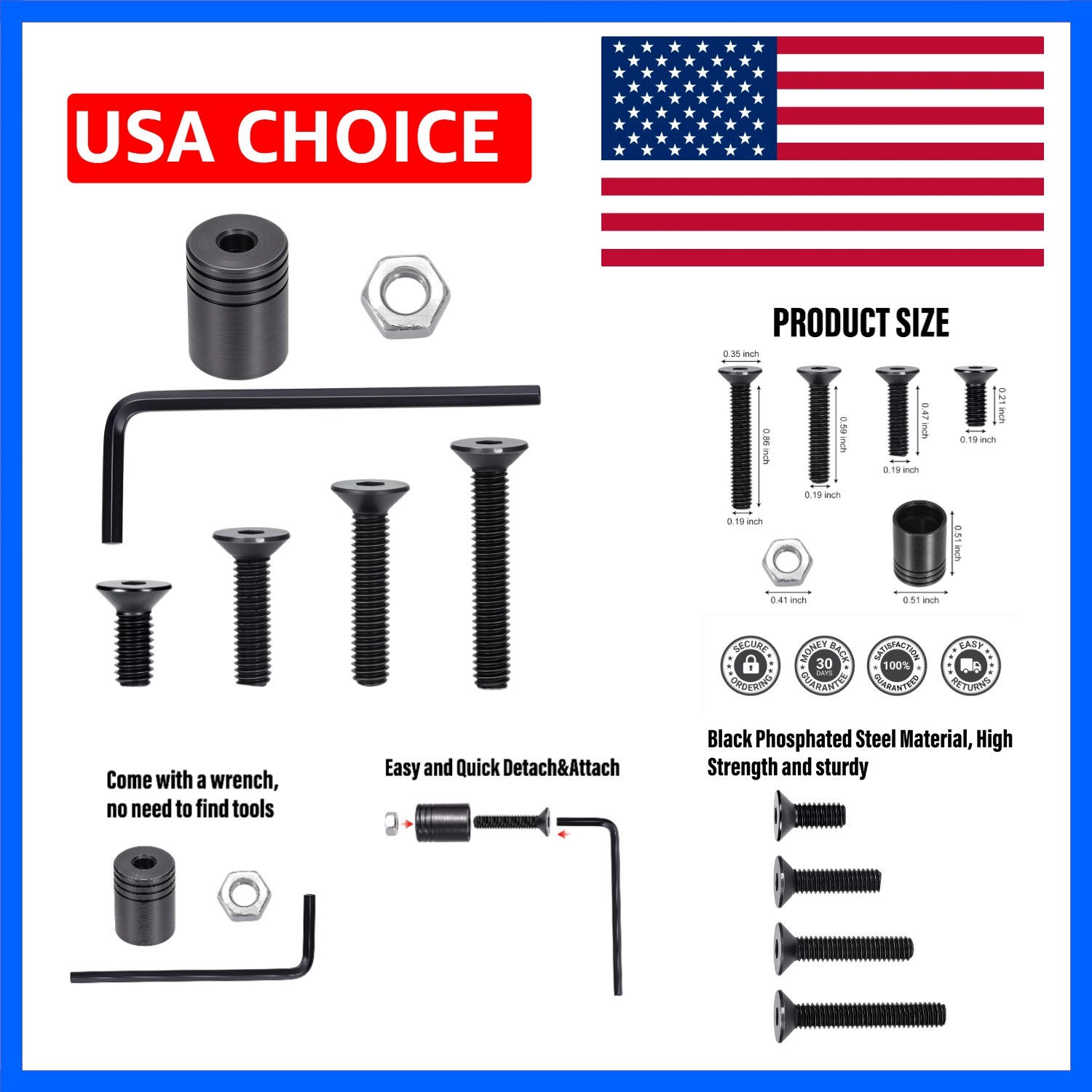Quick Detach Swivels Mount Base Adapter Kit, Black Metal Stud Wrench, 7 Pcs