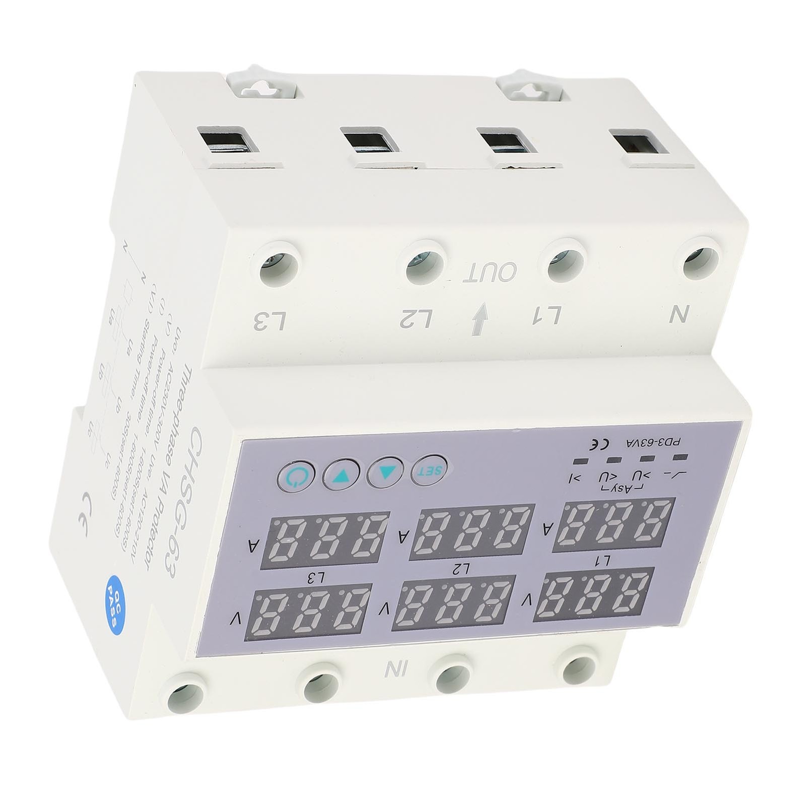 63A 3 Phase DIN Rail Voltmeter Ammeter Auto Overvoltage Overcurrent Protector AC