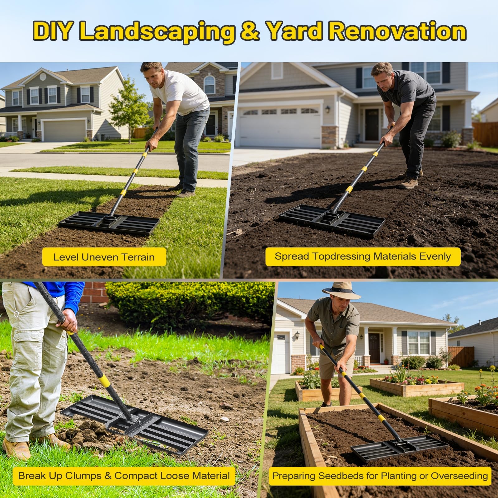 Lawn Leveling Rake with 72" Adjustable Handle for Grass, Soil & Golf Fields