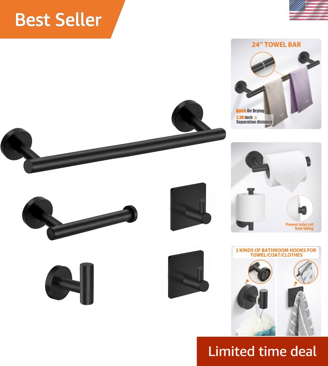 Luxury Matte Black Wall Mounted Bathroom Accessories - 24" Towel Bar & More